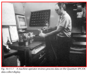 A machine operator reviews process data on the Quantum SPC/DC data collect display.